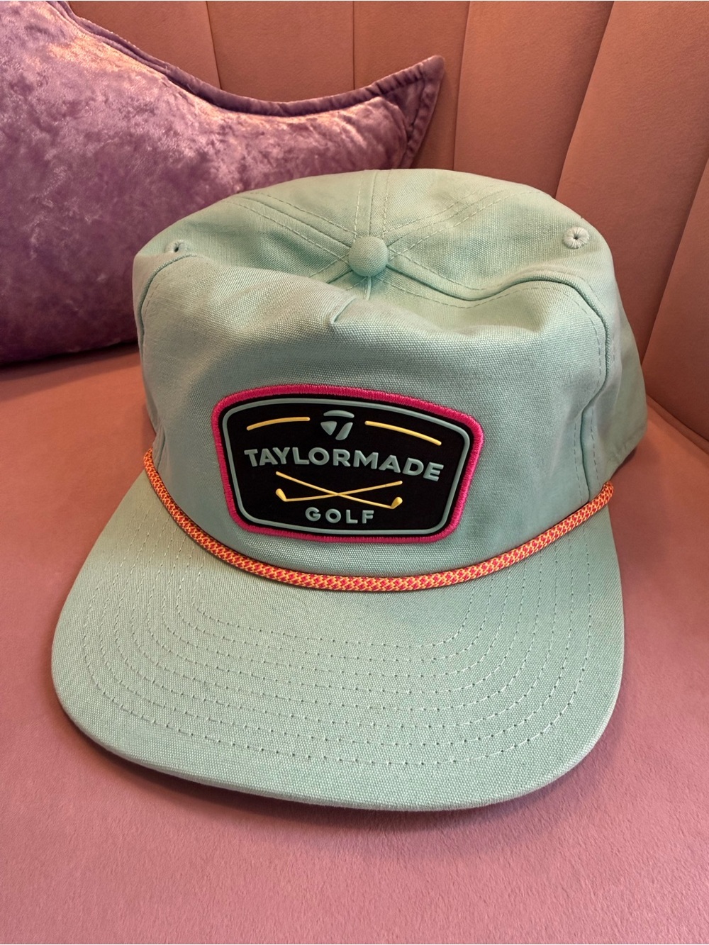 TaylorMade Mint Green Golf Cap with Pink-Trim Badge and Orange Rope